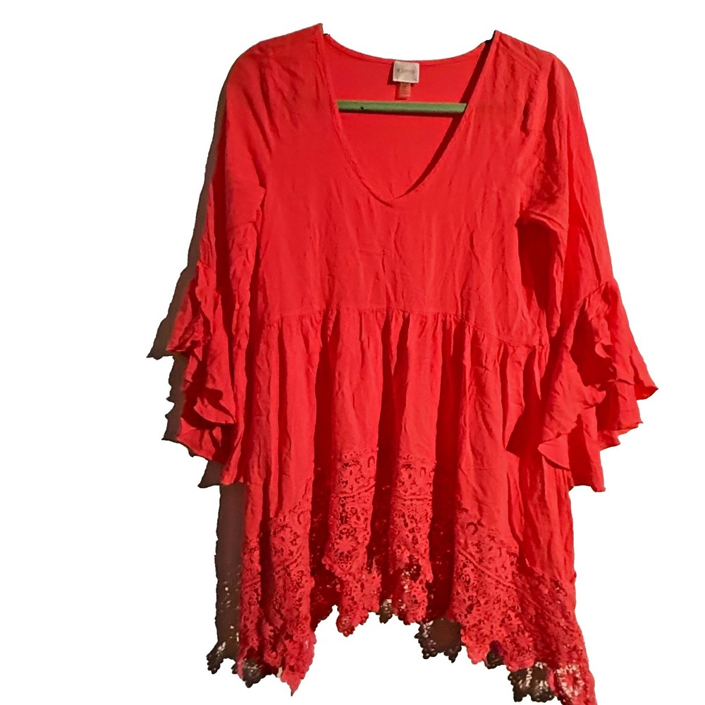 Cupio Coral Boho Lace Hem Babydoll Blouse Medium Ruffle Sleeve‎ V-Neck Top